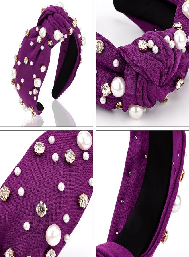 Atoden Pearl Knotted Rhinestone Wide Top Knot Beaded Jeweled Crystal Embellished Headbands for Women's Hair - Deep Purple - Image 5